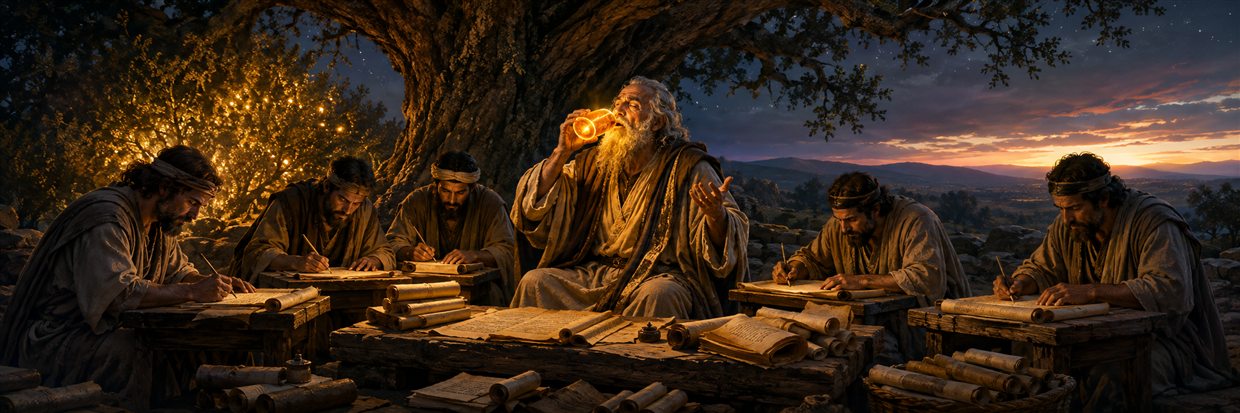 Ezra drinks a glowing cup beneath an oak while five scribes record the restored teachings on scrolls
